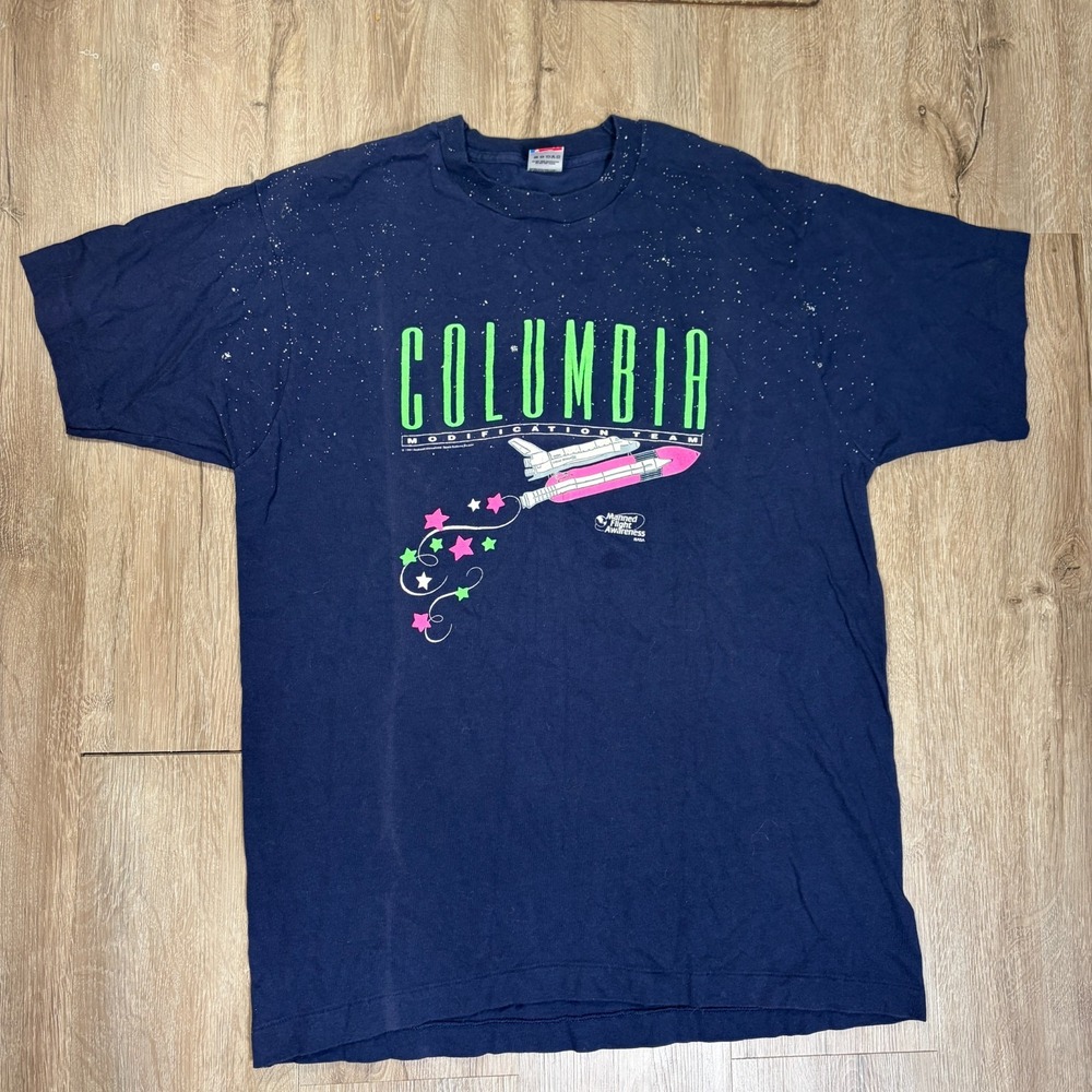 VTG Columbia NASA T Shirt Cotton Fruit of the Loom Navy Blue Single Stitch